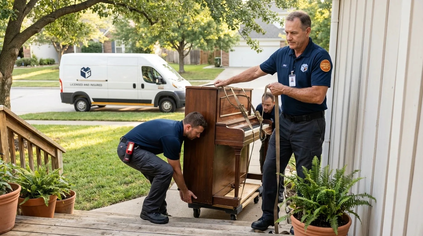 Licensed piano movers securing grand piano in Slidell, LA