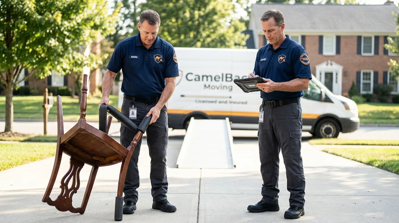Movers inspecting furniture for damage prevention before loading in Slidell, LA