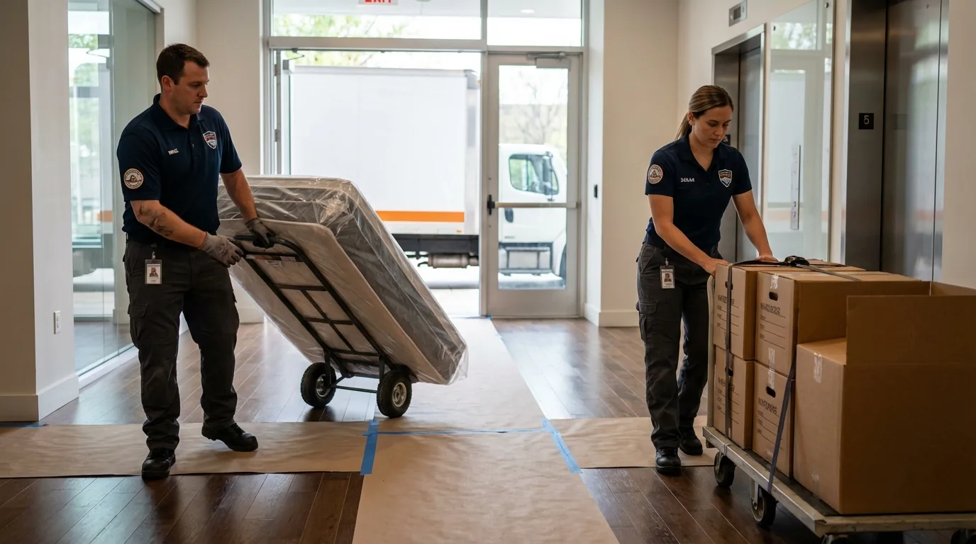 Professional apartment movers loading elevator in Slidell, LA